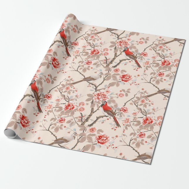 Chinoiserie Asian Red Birds Pink Flower Decoupage Wrapping Paper (Unrolled)