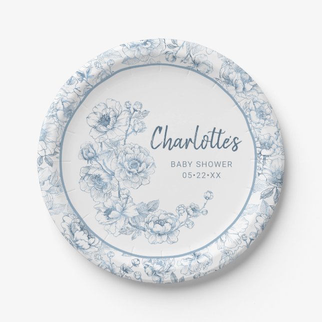 Chinoiserie Baby Shower Paper Plates – Dusty Blue  (Front)