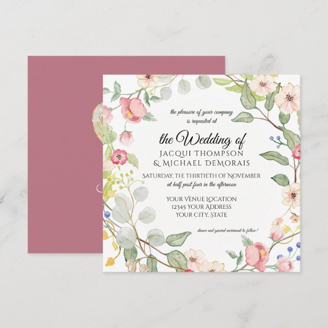 Chinoiserie Berry Pink Watercolor Rose Leaf Floral Invitation (Front/Back)