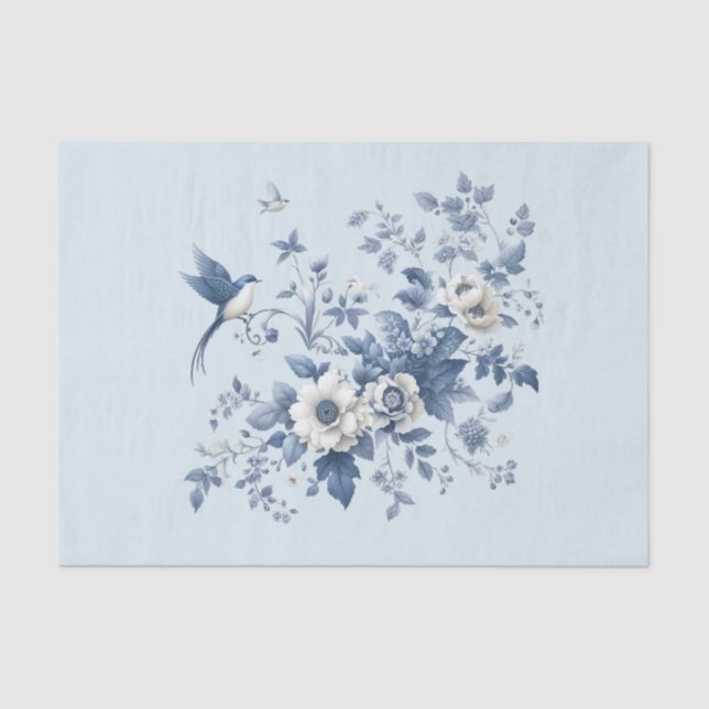 Chinoiserie Bird and Floral Blue Tissue Paper (Front)