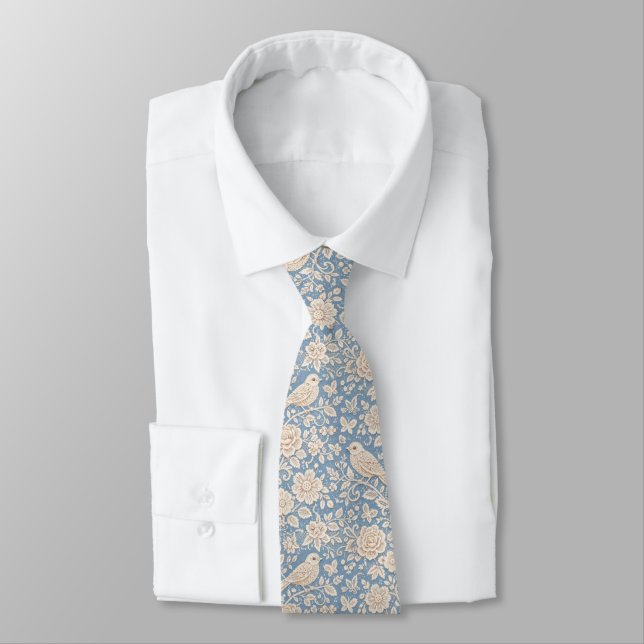 Chinoiserie Bird and Flower Seamless Pattern Tie (Tied)