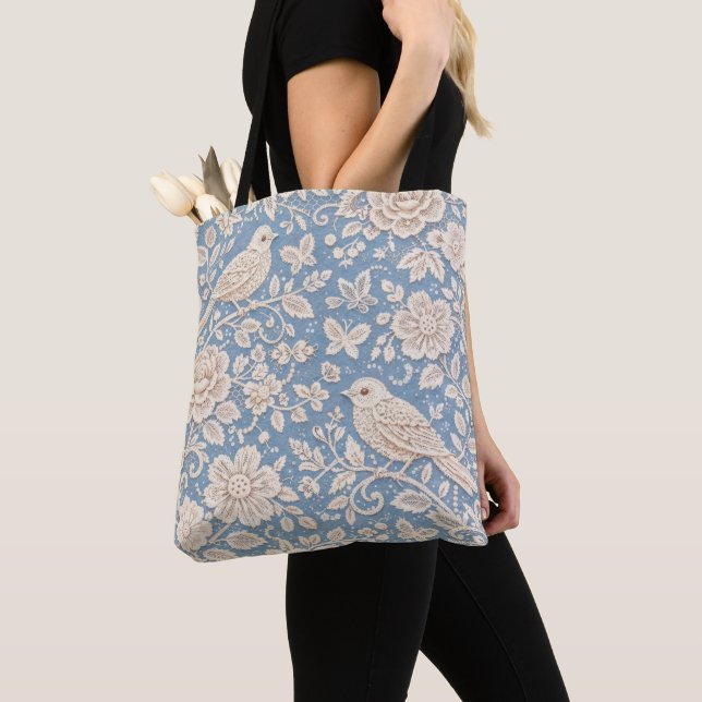 Chinoiserie Bird and Flower Seamless Pattern Tote Bag (Close Up)