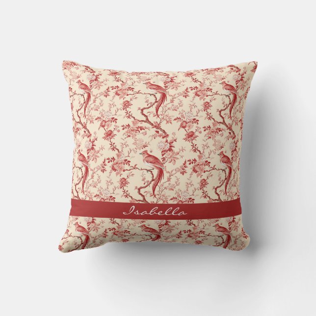 Chinoiserie Bird Asian Floral Red Pink Cushion (Back)