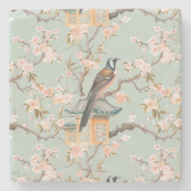 Chinoiserie Bird & Blossom Marble Stone Coaster (Front)