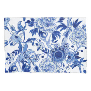 Chinoiserie Bird Floral Blue and White Foliage Art Pillowcase
