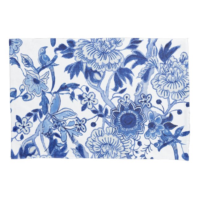 Chinoiserie Bird Floral Blue and White Foliage Art Pillowcase (Front)
