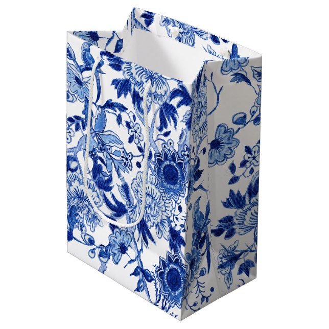 Chinoiserie Bird Floral Blue White Asian Influence Medium Gift Bag (Front Angled)