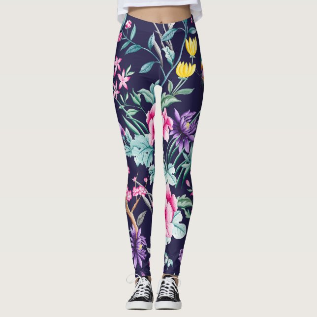 Chinoiserie birds and flowers midnight blue leggin leggings (Front)