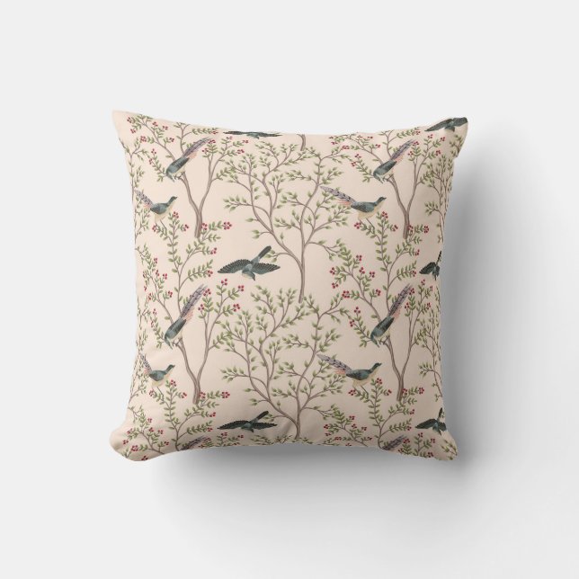 Chinoiserie birds and foliage blush pink cushion (Front)