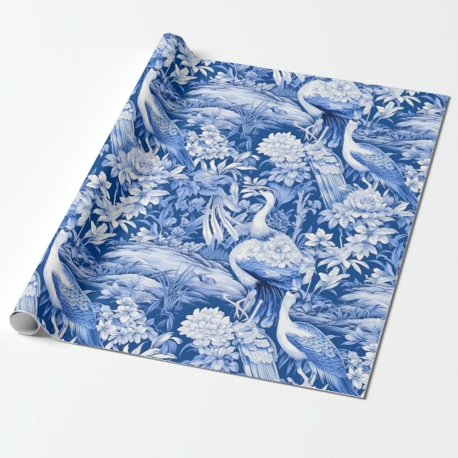 Chinoiserie Birds Blue White Painting Wrapping Paper (Unrolled)
