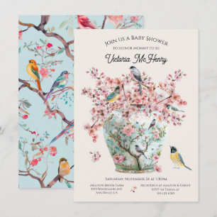Chinoiserie Birds Cherry Blossoms Baby Shower Vase Invitation