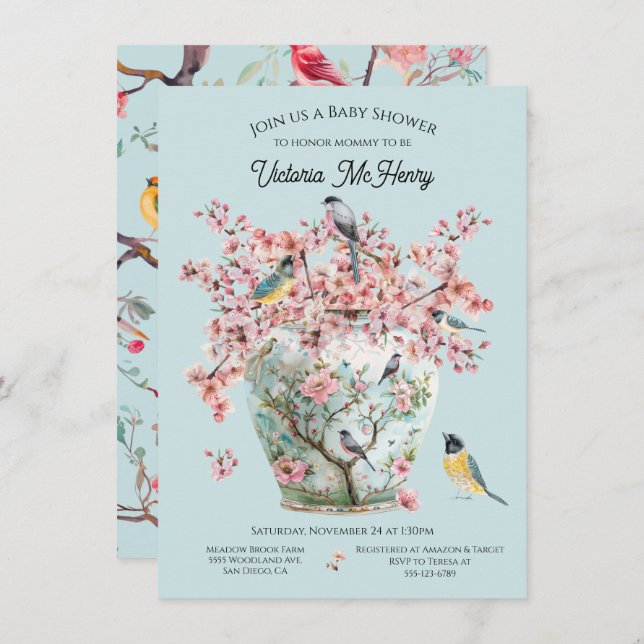 Chinoiserie Birds Cherry Blossoms Baby Shower Vase Invitation (Front/Back)