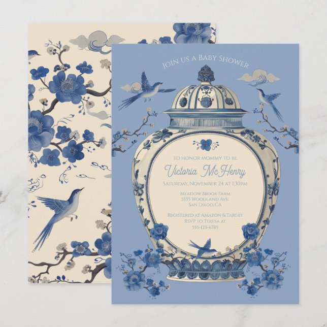 Chinoiserie Birds Floral Jar Baby Shower Invitation (Front/Back)