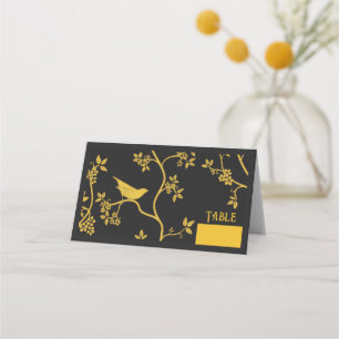 Chinoiserie Birds in Trees Black Folded Place Card