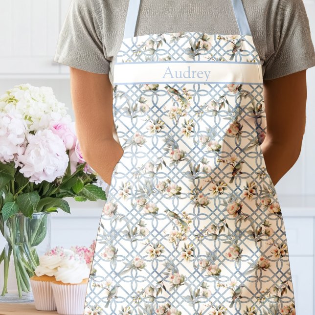 Chinoiserie Birds in Trellis Blue Apron (Greek Gate Trellis Apron Blue)