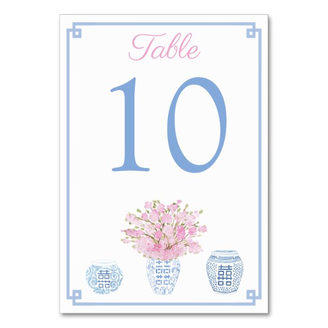 Chinoiserie Blue And Pink Baby Shower Luncheon  Table Number (Front)