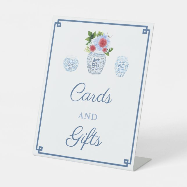 Chinoiserie Blue And Red Cards And Gifts Pedestal Sign (Front)