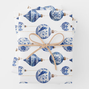 Chinoiserie Blue and White Christmas Ornaments Wrapping Paper Sheet