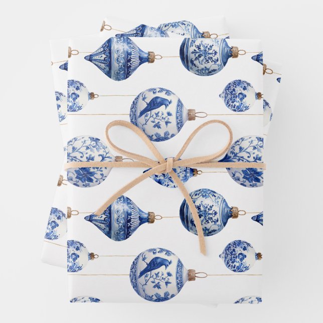 Chinoiserie Blue and White Christmas Ornaments Wrapping Paper Sheet (In situ)