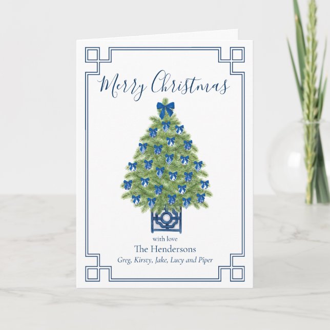 Chinoiserie Blue and White Christmas Tree  Holiday Card (Front)
