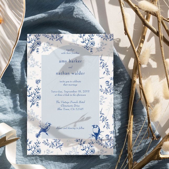 Chinoiserie Blue and White Elegant Vintage Wedding Invitation (Elegant Blue Floral Wedding Invitation from the Chinoiserie Wedding Collection by Darling & May)