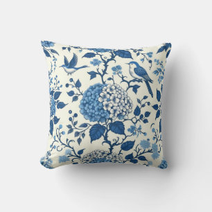Chinoiserie Blue and White Flowers and Birds Cushion