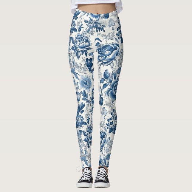 Chinoiserie Blue and White Peonies Floral Flowers Leggings (Front)