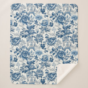 Chinoiserie Blue and White Peonies Floral Flowers Sherpa Blanket