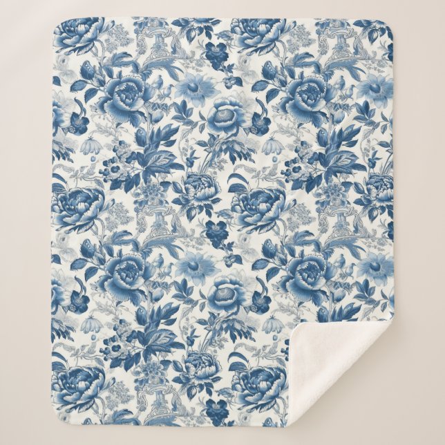 Chinoiserie Blue and White Peonies Floral Flowers Sherpa Blanket (Front)