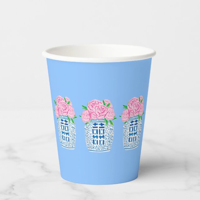 Chinoiserie Blue and White Peony Paper Cups (Front)