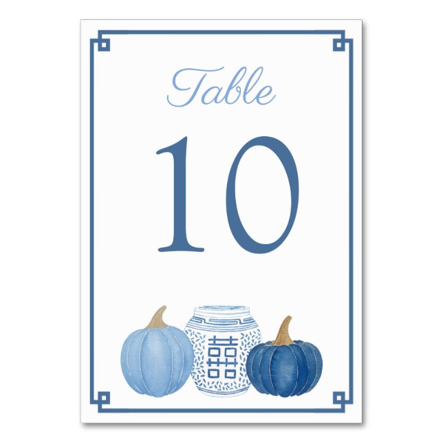Chinoiserie Blue And White Pumpkins Fall Wedding Table Number (Front)