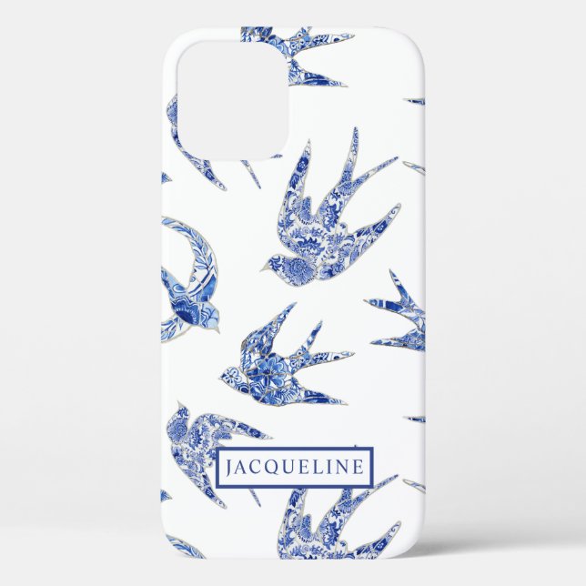 Chinoiserie Blue and White Swallows Birds w Name Case-Mate iPhone Case (Back)