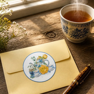 Chinoiserie Blue and White Teapot Roses Tea Party Classic Round Sticker