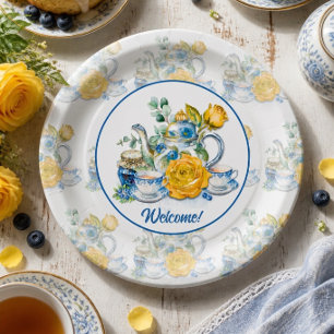 Chinoiserie Blue and White Teapot Roses Tea Party Paper Plate