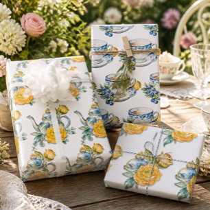 Chinoiserie Blue and White Teapot Roses Tea Party Wrapping Paper Sheet