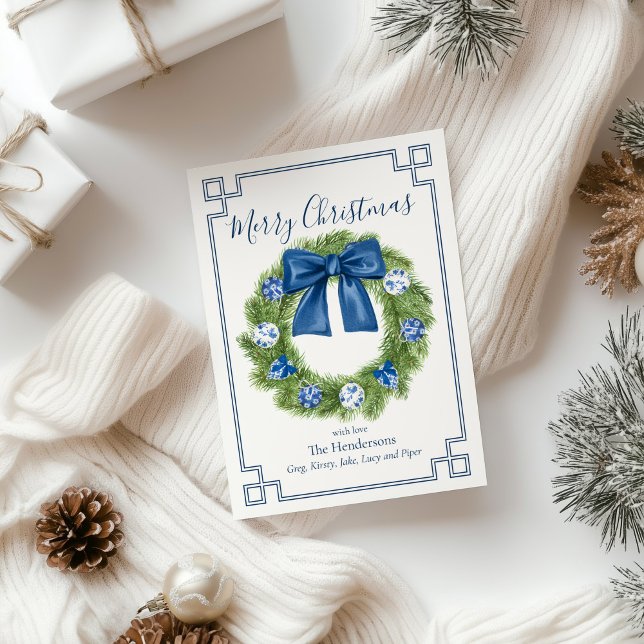 Chinoiserie Blue and White Wreath  Holiday Card (chinoiserie wreath christmas greeting card
)