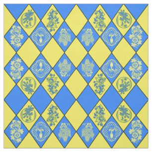 Chinoiserie Blue and Yellow Diamond Pattern Fabric