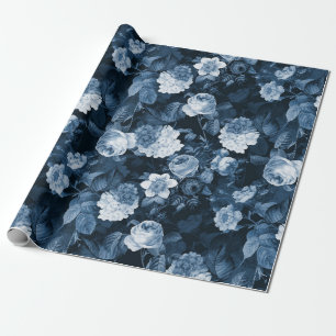 chinoiserie blue antique Redouté roses pattern Wrapping Paper