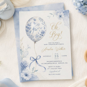 Chinoiserie Blue Balloon Oh Boy Baby Shower Invitation