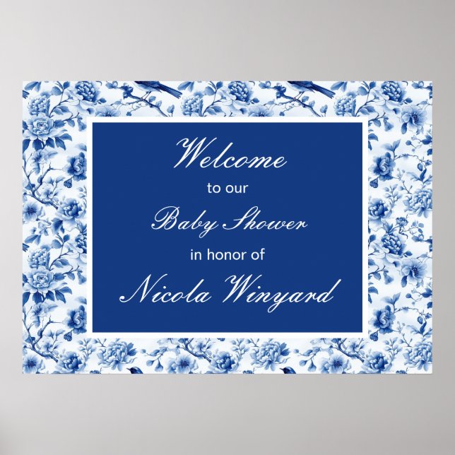 Chinoiserie Blue Birds and Flowers Baby Shower Poster (Front)