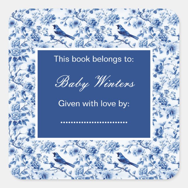 Chinoiserie Blue Birds and Flowers Baby Shower Square Sticker (Front)