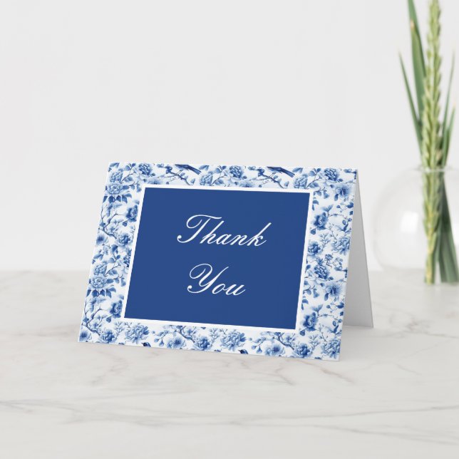 Chinoiserie Blue Birds and Flowers Baby Shower Thank You Card (Front)