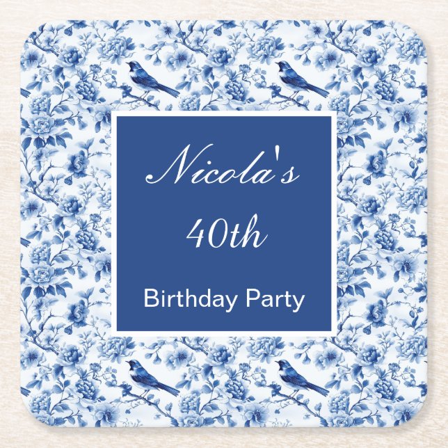 Chinoiserie Blue Birds and Flowers Birthday Square Paper Coaster (Front)