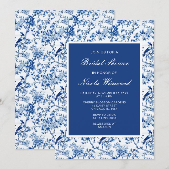 Chinoiserie Blue Birds and Flowers Bridal Shower Invitation (Front/Back)