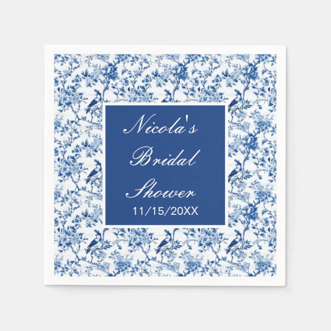 Chinoiserie Blue Birds and Flowers Bridal Shower Napkin (Front)