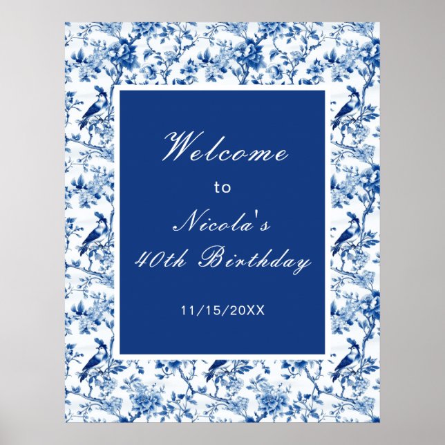 Chinoiserie Blue Birds and Flowers Bridal Shower Poster (Front)