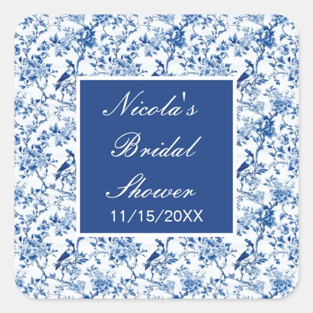 Chinoiserie Blue Birds and Flowers Bridal Shower Square Sticker (Front)