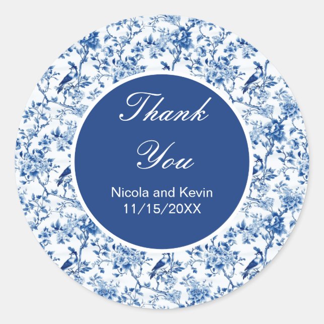 Chinoiserie Blue Birds and Flowers Wedding Classic Round Sticker (Front)