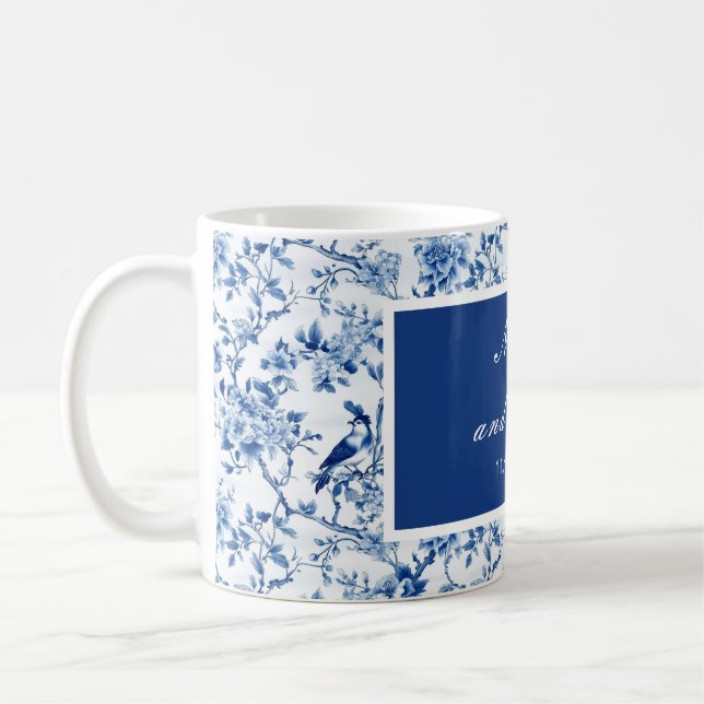 Chinoiserie Blue Birds and Flowers Wedding Coffee Mug (Left)