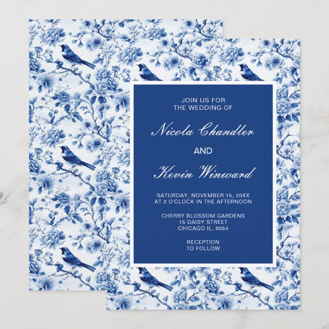Chinoiserie Blue Birds and Flowers Wedding Invitation (Front/Back)
